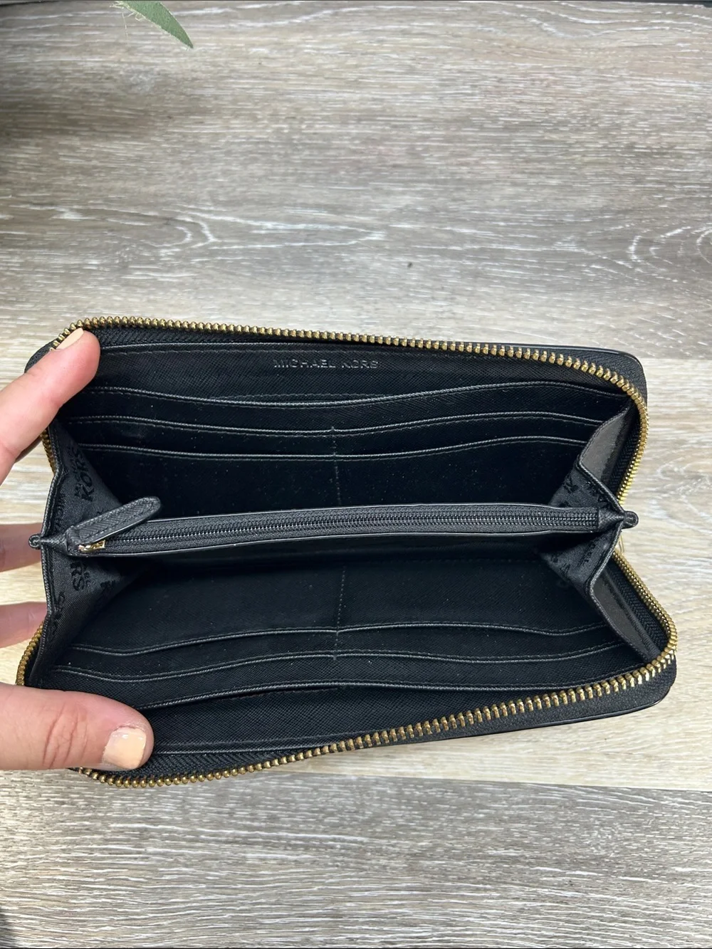 2828 Michael Kors Black Patent Leather Zip Wallet with Gold Plaque